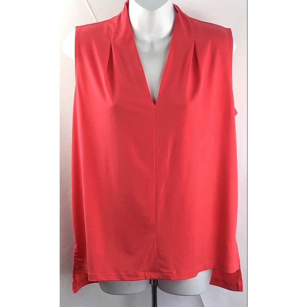 Tahari Sleeveless flowy Pleated top M coral Silky liquid knit slits Y2K Career